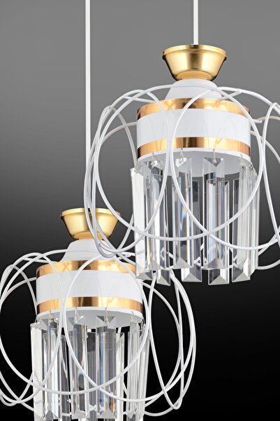 Genel Markalar Sarkıt Tepsi Beyaz 3'lü Güneş Sarı Kristal Taşlı Aşağı Bakan Lüks Avize