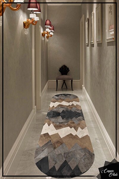 CAPPİO HALI Siyah Gri Kahve Tonlu Üçgen Oval Halı (makinada Yıkanabilir Kaymaz Deri Taban) - Cp1038