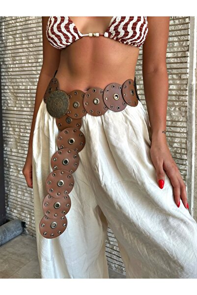 coaksco Γυναικείο παντελόνι και σακάκι καφέ Cowboy Trend με ζώνη