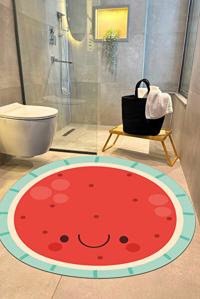 Serteks Yuvarlak Kırmızı Karpuz Desenli Banyo Paspası