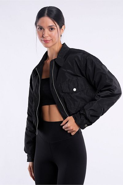 Yake Short Puffer Black Bomber Jacket with Zippered Pockets