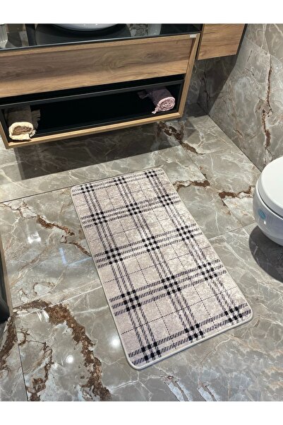 Brillant Tekli Ekose Desen Banyo Paspası - Bej (50X70 Ölçü)