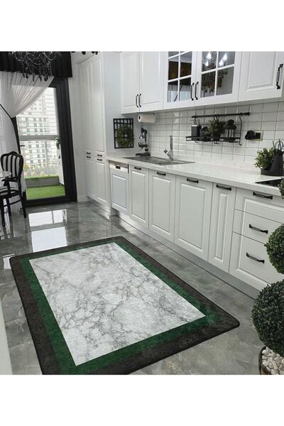 Brillant Hanney Mermer Desen Saçaksız Halı - Yeşil Gri