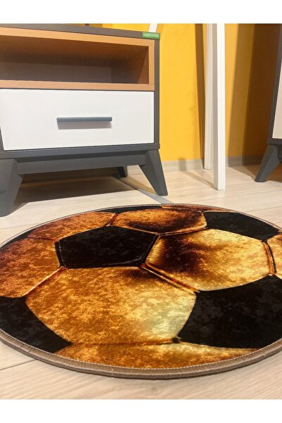 Brillant Futbol Topu Desenli Yıkanabilir Yuvarlak Çocuk Genç Halısı - Altın