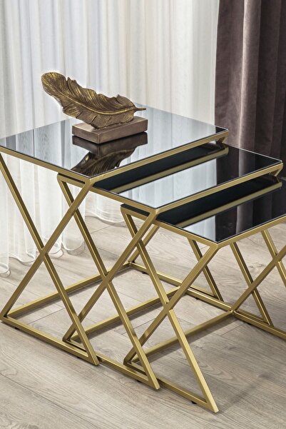 Mobievim Venedik Gold Metal Ayaklı,Füme Aynalı Zigon Sehpa