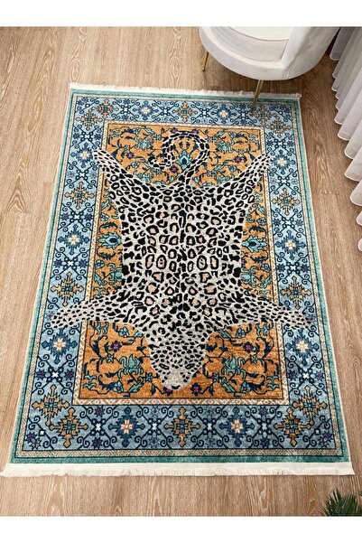 Brillant Etnik Leopar Desenli Dekoratif Halı Kahve-mavi