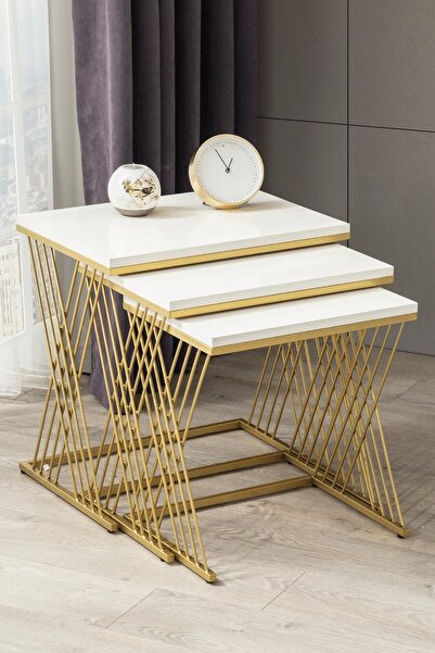 Mobievim Vienna Gold Metal Ayaklı,mdf'li Zigon Sehpa