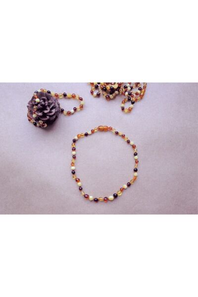 Kehribar Unisex Bebek Kahverengi Barok Kesim Yassı Multicolor 4 Renk Diş Kolyesi