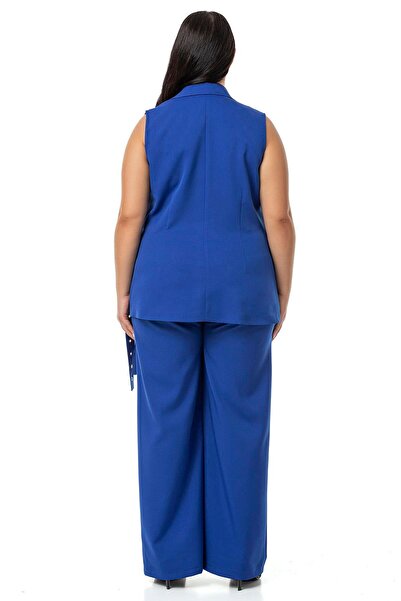 DISENTIS MODEST Plus Size Saks Μπλε Διπλό Κοστούμι - Γιλέκο και Παντελόνι με Ζώνη Bird Eye