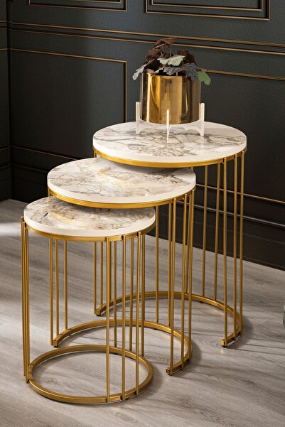 Mobievim Roma Gold Metal Ayaklı, Mermer Desenli Mdf'li Zigon Sehpa
