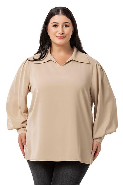 DISENTIS MODEST Beige Colored Plus Size Blouse - Shirt Collar, Cuffs and Side Slits