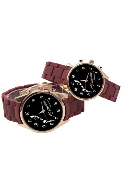 Kubbehan Kemal Atatürk Silueti Ve Imzası Bordo Çift Sevgili Kol Saati