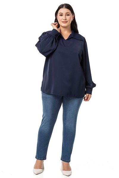 DISENTIS MODEST Navy Blue Large Size Shirt Collar Cuffed Side Slit Blouse
