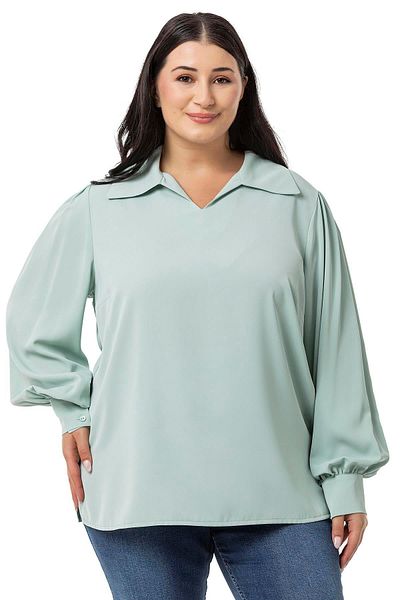DISENTIS MODEST Mint Green - Plus Size Blouse with Shirt Collar and Cuffs and Side Slits