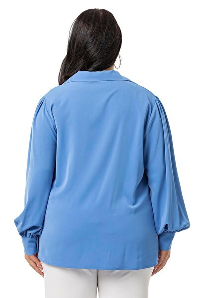 DISENTIS MODEST Indigo Μπλούζα Plus Size - Γιακάς Πουκάμισου, Μανσέτες και Πλαϊνά Σκισίματα