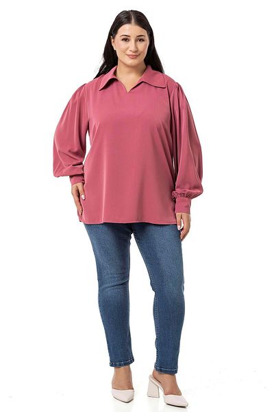 DISENTIS MODEST Dried Rose Plus Size Blouse - Shirt Collar, Cuffs and Side Slits
