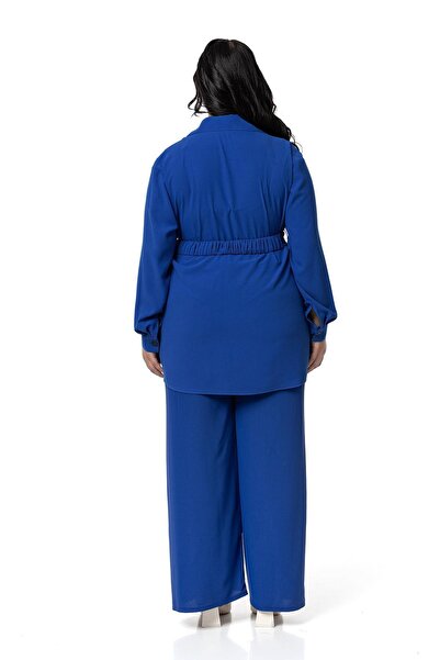 DISENTIS MODEST Saks Blue Double Set - Large Size Belted Shirt and Trousers