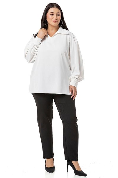 DISENTIS MODEST Λευκή Μπλούζα Plus Size - Γιακάς Πουκάμισου, Μανσέτες και Πλαϊνά Σκισίματα