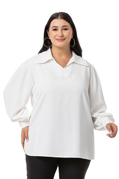 DISENTIS MODEST Λευκή Μπλούζα Plus Size - Γιακάς Πουκάμισου, Μανσέτες και Πλαϊνά Σκισίματα