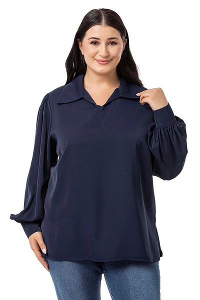 DISENTIS MODEST Navy Blue Large Size Shirt Collar Cuffed Side Slit Blouse