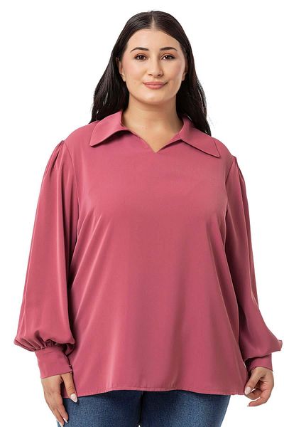 DISENTIS MODEST Dried Rose Plus Size Blouse - Shirt Collar, Cuffs and Side Slits