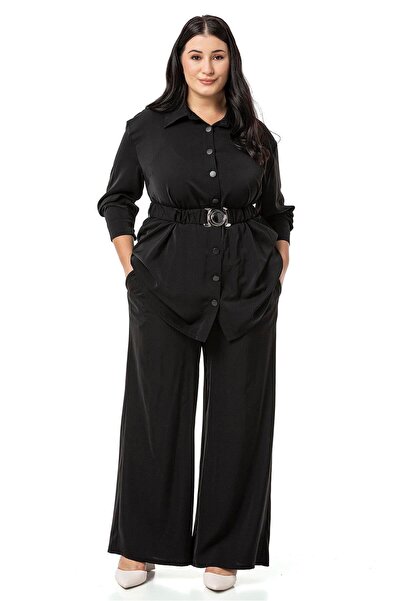 DISENTIS MODEST Plus Size Black Shirt and Trousers Set - With Waist Belt
