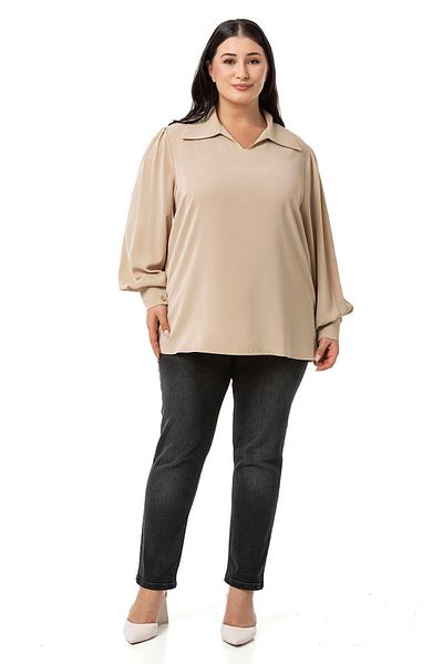 DISENTIS MODEST Beige Colored Plus Size Blouse - Shirt Collar, Cuffs and Side Slits