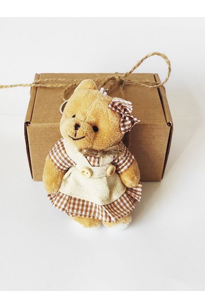 dudu kids Plush Teddy Bear Keychain - 9 cm - Plaid - Girl - Brown - Valentine's Day - Bag Ornament - Toy