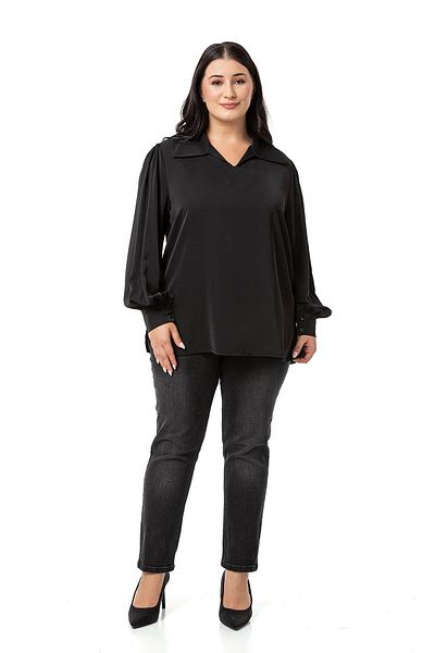 DISENTIS MODEST Plus Size Black Blouse - Shirt Collar, Cuffs and Side Slits