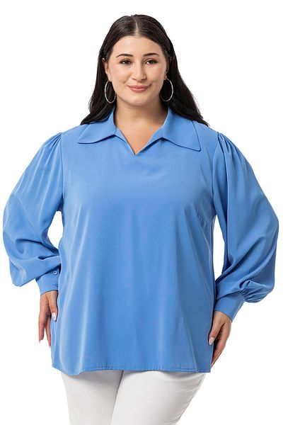 DISENTIS MODEST Plus Size Indigo Blouse - Shirt Collar, Cuffs and Side Slits
