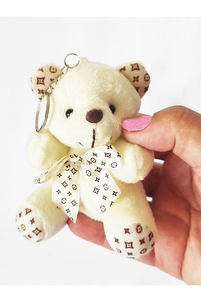 dudu kids Plush Teddy Bear Keychain - 9 Cm - Ribbon - Ecru - Bag Ornament - Valentine's Day Gift - Toy