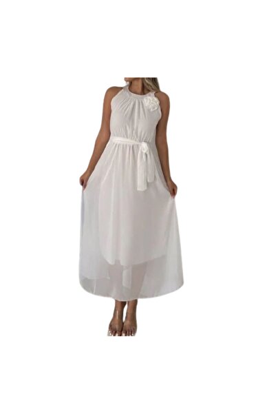 ZY BUTİK Beyaz Halter Yaka Çiçek Broşlu Şifon Midi Boy Elbise