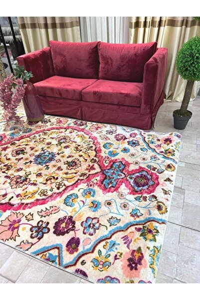 Brillant Etnik Desen Saçaksız Lateks Deri Taban Modern Halı