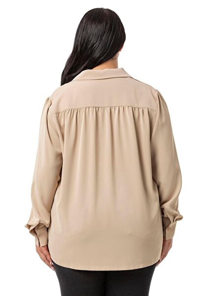 DISENTIS MODEST Beige Plus Size Shirt - Collared, Drawstring Robe, Long Sleeve