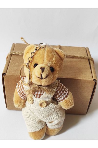 dudu kids Plush Teddy Bear Keychain - 9 cm - Plaid - Brown - Boy - Valentine's Day - Bag Ornament - Toy