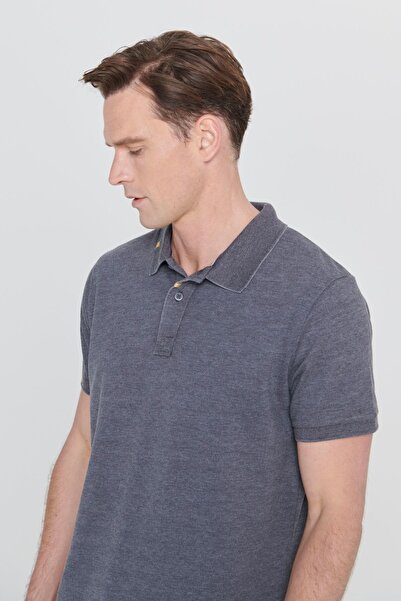 ALTINYILDIZ CLASSICS Men's Anthracite Slim Fit Slim Fit Cotton Embroidery Detailed Polo Collar T-Shirt