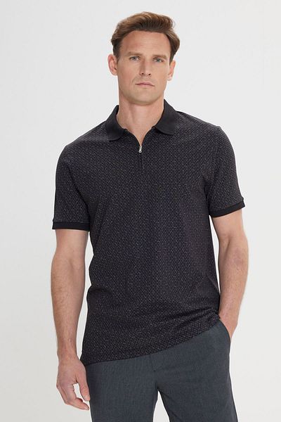 ALTINYILDIZ CLASSICS Men's Black Slim Fit Narrow Cut Zipper Collar 100% Cotton Printed T-Shirt