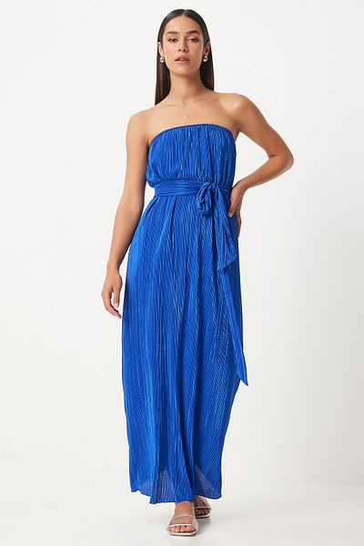 Happiness İstanbul Blaues trägerloses Plisseekleid mit Gürtel für Damen - FN03237
