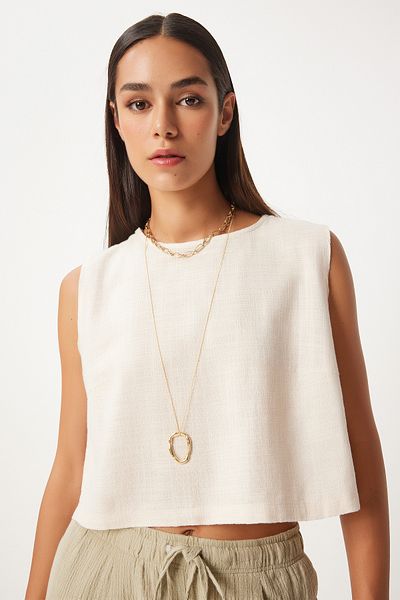 Happiness İstanbul Leinen Creme Bluse - Ärmellos, GP00008