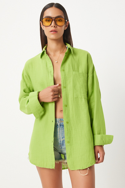 Happiness İstanbul Pistachio Green Oversize Muslin Women's Shirt - MX00150