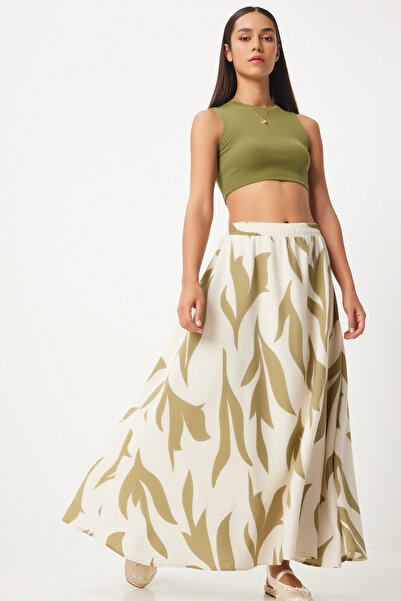 Happiness İstanbul Dámska maxi sukňa so zeleným vzorom krémovej farby - DD01333