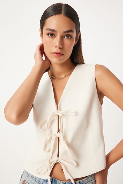 Happiness İstanbul Damenweste aus Leinen mit Schleife in Creme - GP00010