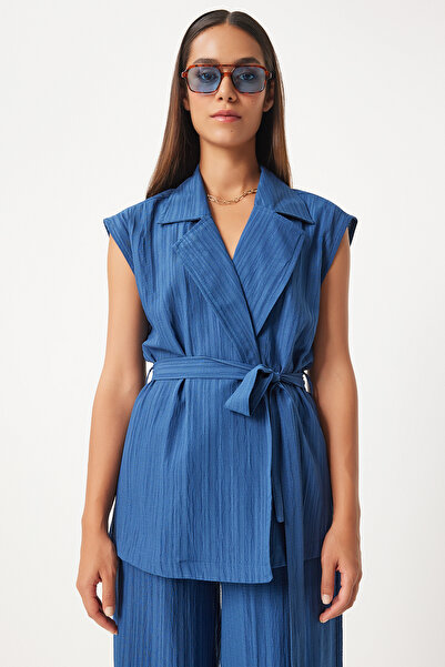 Happiness İstanbul Indigoblaues Palazzo-Westen- und Strickset mit Gürtel - BY00055