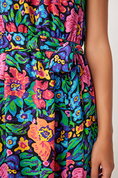 Happiness İstanbul Rózsaszín kék virágmintás öves midi női ruha - AN00204