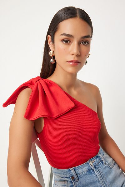 Happiness İstanbul One Shoulder Red Bow Knitwear Blouse - PF00075