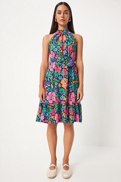 Happiness İstanbul Rózsaszín kék virágmintás öves midi női ruha - AN00204