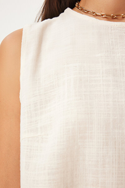 Happiness İstanbul Lněná krémová halenka – bez rukávů, GP00008