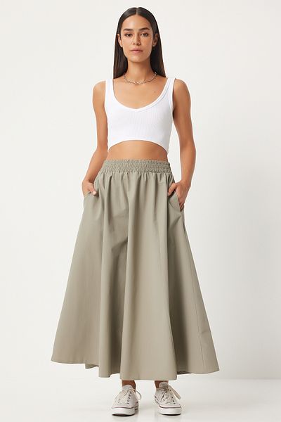 Happiness İstanbul Stone Gray Linen Maxi Women's Skirt - GP00011