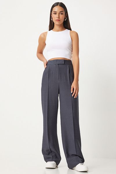 Happiness İstanbul Anthracite Linen Trousers - Velcro Closure, Flowy BV00074