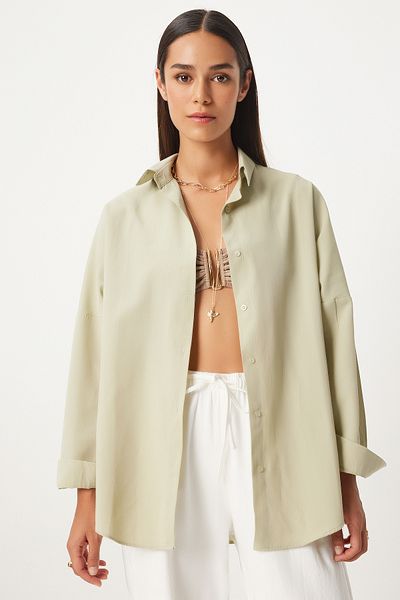 Happiness İstanbul Lehká khaki dámská oversize košile - dlouhá základní model DD00842